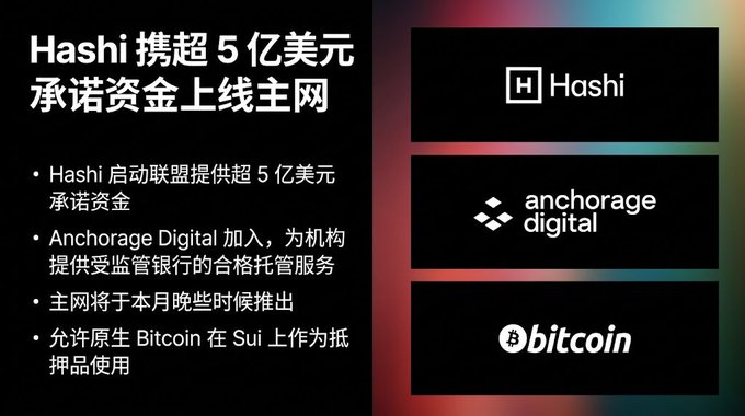 A Chinese-language news graphic about Hashi committing more than $500 million in funding to the Sui mainnet, with visible logos for Hashi, Anchorage Digital, and bitcoin.