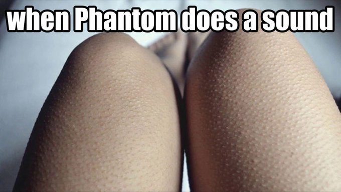 The image features two legs with hairy knees, and there's text that reads "When Phantom does a sound" above them. The caption also includes an inside joke about a wallet named @phantom.