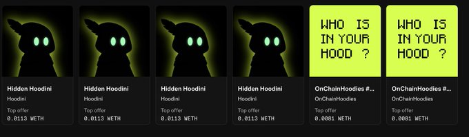 The image shows a row of six NFT cards on what appears to be Robinhood's platform, featuring four "Hidden Hoodini" hooded silhouettes with glowing green eyes at 0.0113 WETH (Top Offer) and two "Who Is In Your Hood?" OnChainHoodies #... listings at 0.0081 WETH, showcasing the newly minted collections promoted in the post.