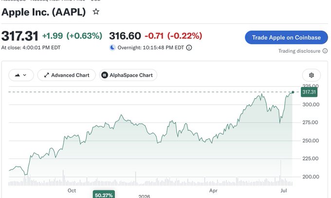 The image shows a stock chart of Apple Inc. (AAPL) trading at $317.31, up 1.99 (+0.63%) at close, with a 50.27% gain displayed over the period from October to July. The chart supports the post's point by illustrating how major tech stocks like Apple have delivered substantial returns (~50%), contrasting with the struggles in crypto that have driven investors toward speculative memecoins.
