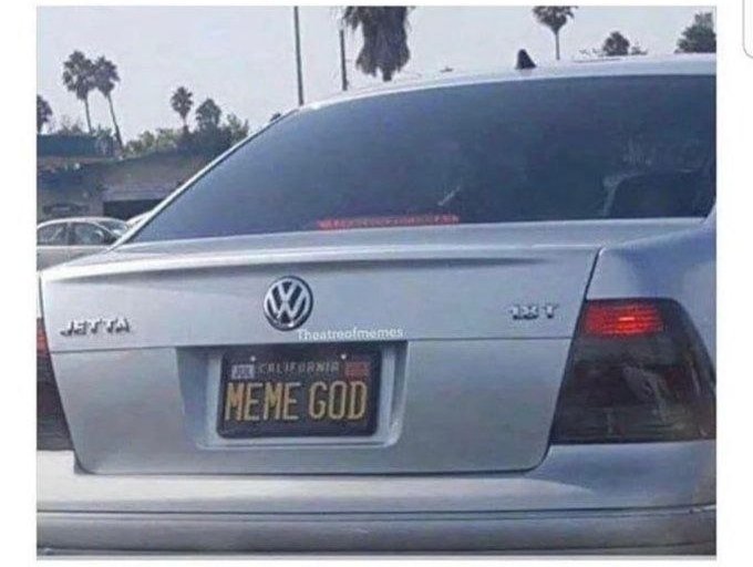 A silver Volkswagen Jetta displays a California vanity license plate reading "MEME GOD," humorously fitting the caption about "degens" who feel they've finally made it after achieving internet meme stardom. The "theatreeofmemes" watermark appears subtly below the VW logo.