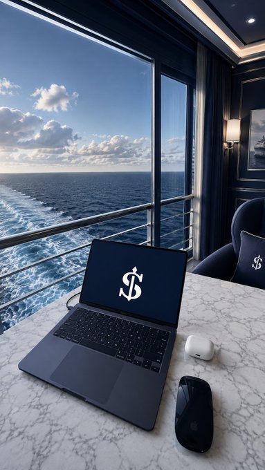 A MacBook with a dollar sign logo on its screen sits on a marble desk alongside a computer mouse, positioned in a luxury room overlooking the ocean from a high-rise balcony.