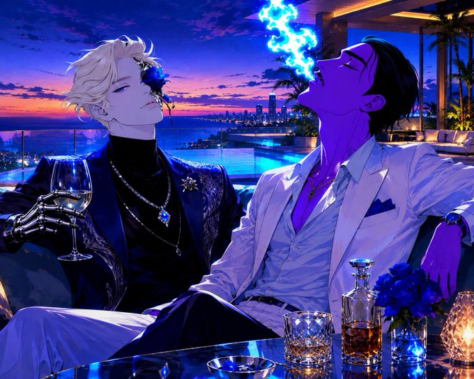 An anime-style illustration of two stylishly dressed men at an upscale outdoor lounge at sunset—one with blonde hair and a blue rose, the other exhaling blue flame—surrounded by whiskey glasses and a city skyline backdrop.