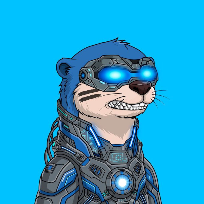 An illustration of an anthropomorphic animal (resembling an otter or weasel) with a grinning expression, wearing futuristic blue and black cybernetic armor with glowing blue eyes.
