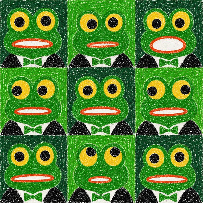 A 3x3 grid of hand-drawn green frog faces with yellow eyes, red/orange mouths, and green bow ties, each displaying a slightly different expression.