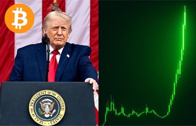 The image shows Donald Trump with a Bitcoin symbol and a rising green stock chart, correlating with the news of Trump Media disclosing holdings of 14,139 Bitcoin worth over $900 million.