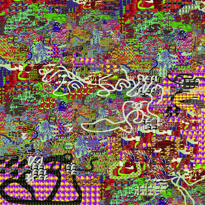 A colorful, chaotic abstract digital artwork or doodle featuring overlapping patterns, bright colors, star shapes, and indecipherable text-like scribbles.