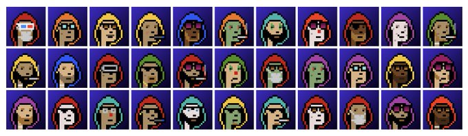 A grid of 30 pixel-art character portraits featuring diverse faces with different skin tones, hairstyles, and expressions against a purple background, each wearing the distinctive red-hooded cloak referenced in the post as the "Promoted Hood" symbol of the elite rebel ranks who survived the trials in Degenwood.