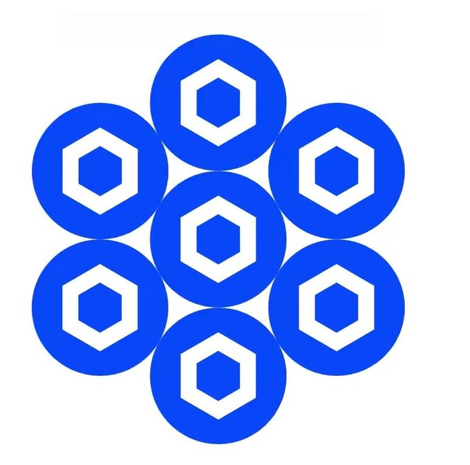 The image features a striking pattern of eight circles, each containing six blue hexagons that are slightly tilted to the left. The arrangement of these circles creates an abstract representation resembling a chain link fence or structure, giving off a sense of complexity and symmetry. The surrounding background is white, contrasting with the vibrant blue color of the circles and their hexagons. 

In line with the post's theme on celebrating one's birthday in seven years at Chainlink, this pattern could be seen as a symbolic representation of the ongoing growth and evolution of Blockchain technology over time.