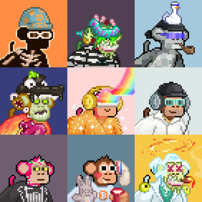 A 3x3 grid of pixel art monkey avatars wearing different hats and accessories, including a beanie, helmet, and VR goggles.