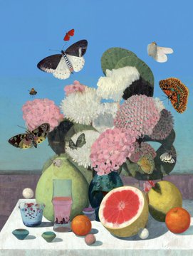A still life painting featuring a vase of pink and white flowers, butterflies, a halved grapefruit, oranges, and other fruits against a blue sky.