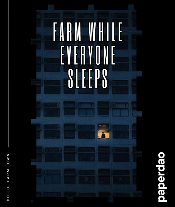 A moody, vertical poster for 'paperdao' showing a single illuminated apartment window in a dark building, with the text 'FARM WHILE EVERYONE SLEEPS' and 'BUILD. FARM. OWN.' on the side.