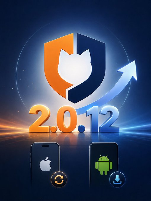 A promotional graphic featuring a shield with a GitHub-like cat logo, an upward arrow, '2.0.12', and two phones displaying Apple and Android icons with refresh and download buttons.