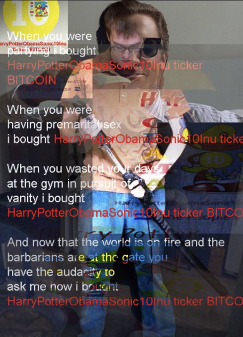 A chaotic layered image of a crying Channing Tatum meme overlaid with repeated "HarryPotterObamaSonic10Inu ticker BITCOIN" text in various colors and fonts, reinforcing the post's mocking tone toward meme coin shillers who mock the satirical HarryPotterObamaSonic10Inu ticker.