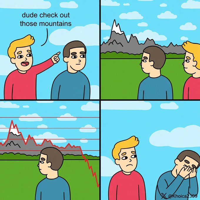 A four-panel comic by @Khoica2399 where a character points out mountains that resemble a stock chart crash, ending with the other character crying in despair.