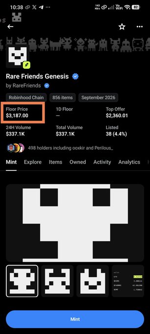 A screenshot of the Rare Friends Genesis NFT collection page on OpenSea shows a floor price of $3,187.00 with a 1D Floor of $2,360.01, displaying a pixelated ghost-like character with a blue "Mint" button at the bottom. The image highlights the project's price appreciation from its free mint stage to its current $3,187 floor price, as referenced in the accompanying post about the public mint starting September 15.