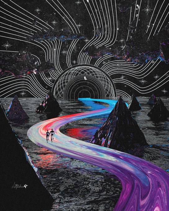 A digital artwork depicting two silhouetted figures walking along a glowing, multicolored river flowing through a dark mountainous landscape toward a swirling portal under a starry sky with flowing line patterns.