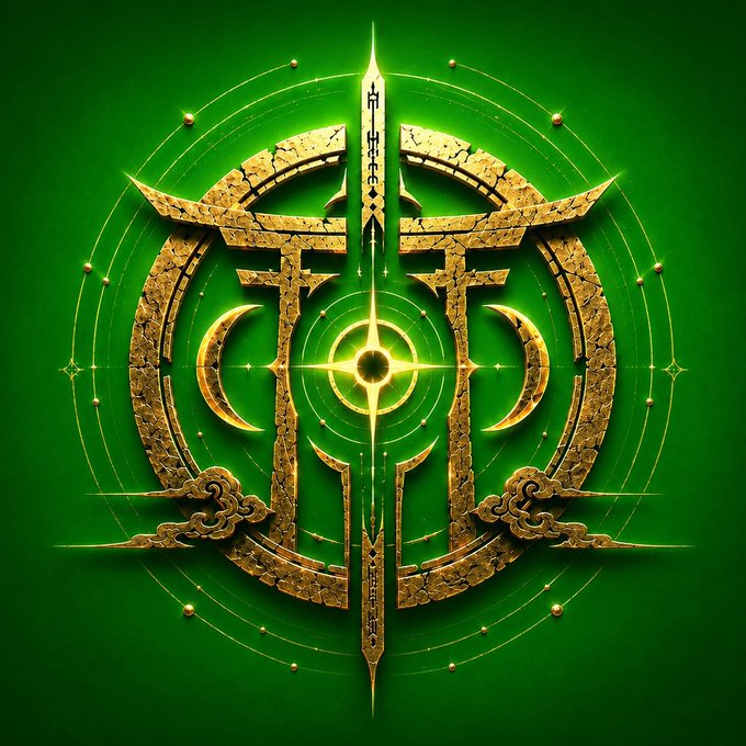 A golden ornamental emblem with intricate symmetrical designs, featuring a central vertical spear/sword shape, crescent moons, and cloud motifs, set against a deep green background.