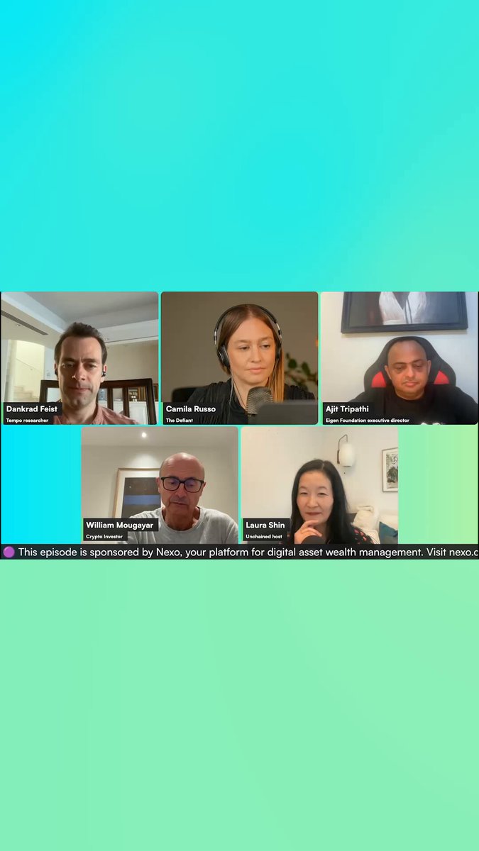 The image shows six people sitting behind their computer screens during a video conference call. The participants are engaged in a discussion or meeting, with each person's face clearly visible on the screen. The background of the image features a light blue color that complements the green wall and white ceiling. The post about stablecoins and native tokens is displayed at the bottom right corner of the image, providing context to the ongoing conversation among the participants.