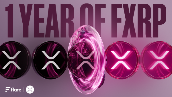 Promotional graphic featuring the text '1 YEAR OF FXRP' displayed in bold dark letters at the top, with five pink XRP coin designs with the Ripple 'X' logo arranged below, and the Flare logo in the bottom left corner.