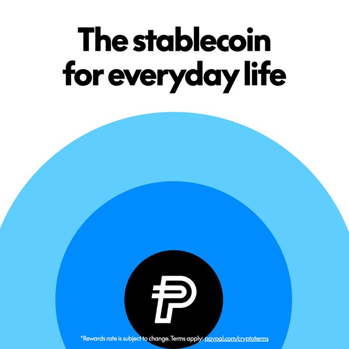 A promotional graphic featuring the PayPal logo (a stylized "P") centered within concentric blue circles, with bold text reading "The stablecoin for everyday life" and a small disclaimer at the bottom noting rewards rates and terms apply at paypal.com/cryptoterms. The image visually reinforces the post's message about PayPal's PYUSD stablecoin by presenting it as an accessible, everyday financial tool.