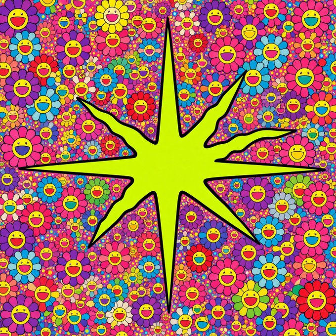 A vibrant pop-art style artwork featuring a bright green starburst at the center, surrounded by a dense pattern of colorful smiling flowers in pink, blue, yellow, and red hues.