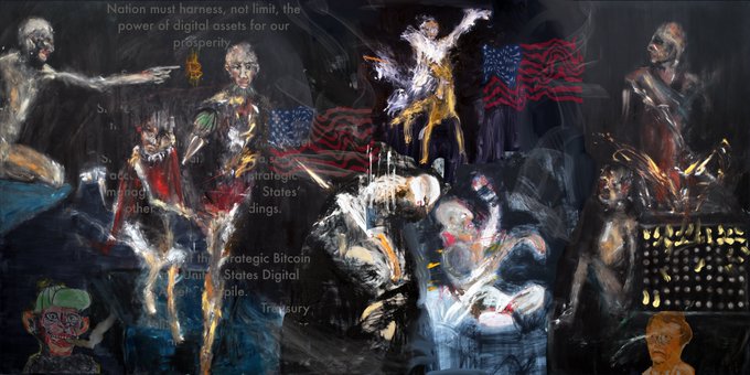 A dark, chaotic painting featuring distorted humanoid figures, American flags, and overlaid text referencing Bitcoin, United States Digital, and Treasury.