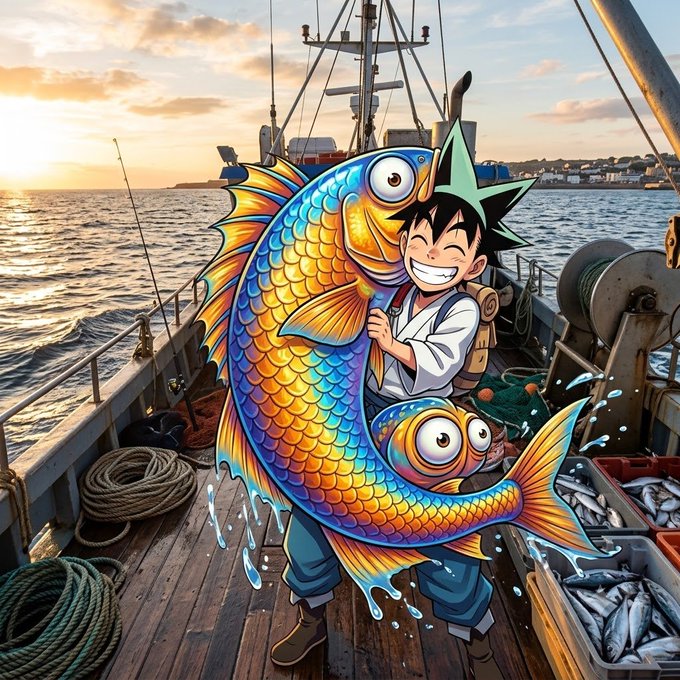 A cartoon-style young fisherman with spiky black hair grins triumphantly as he wrestles a massive, vibrantly scaled rainbow fish aboard a working fishing boat at sunset, with crates of caught fish beside him. The image captures the excitement of the chase described in the post, where every cast brings him closer to landing that elusive Golden Fish and its legendary rewards.