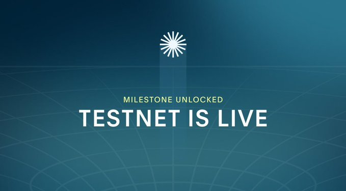 A blue announcement graphic reading 'MILESTONE UNLOCKED: TESTNET IS LIVE' with a starburst logo at the top.