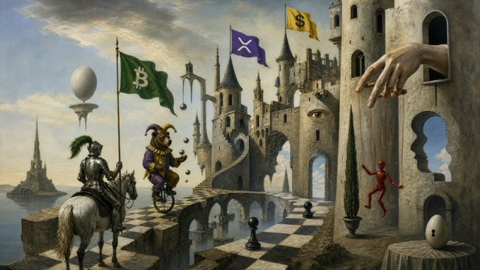 A surreal Dali-esque chess scene features a castle flying Bitcoin and XRP flags (the XRP flag also includes a "B" emblem), with a jester on a unicycle representing bearish doubters ("BEAR ON THE #XRPL") facing off against a knight holding a Bitcoin banner—symbolizing XRP's resilience against skeptics.