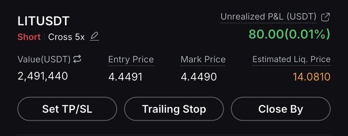 The image shows a cryptocurrency futures trading position for LITUSDT, displaying a Short position of 5x leverage worth $2,491,440 USDT, with an entry price of 4.4491, mark price of 4.4490, and a current unrealized profit of $80.00 (0.01%). This confirms the post's claim of shorting approximately $2.5 million worth of $LIT, showing the position is marginally in profit.