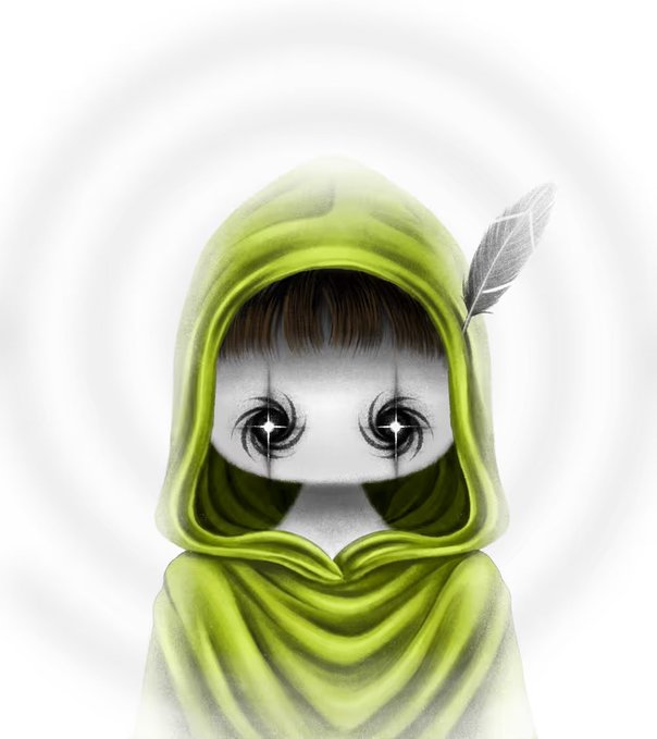 A digital illustration of a character wearing a green hooded cloak, featuring starry eyes and a feather, set against a swirling white background.