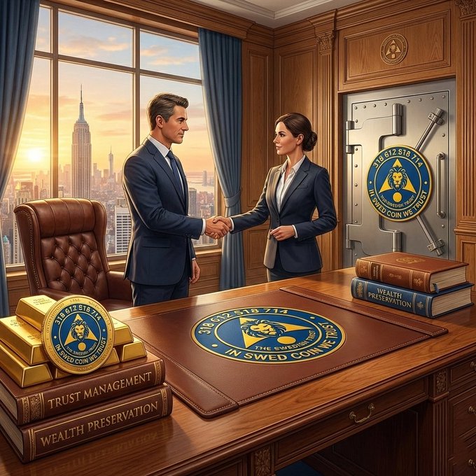 The image features two people shaking hands at a desk with a large book titled "Not every project needs to scream for attention." The desk also has several books stacked up behind them, including one that says "Swed Trust". A chair can be seen in front of the desk, and there is a window next to it. The background shows an office setting with a city skyline visible through the window.