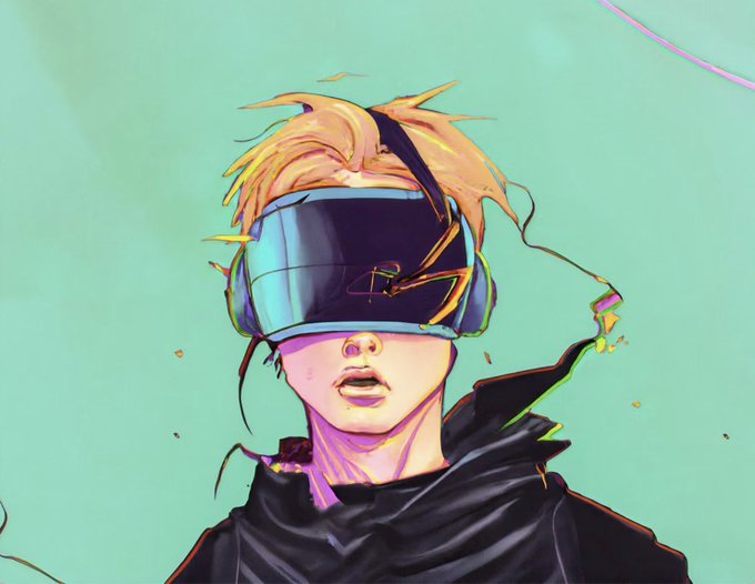 A stylized digital artwork of a blonde-haired person wearing a VR headset and dark clothing against a teal background.