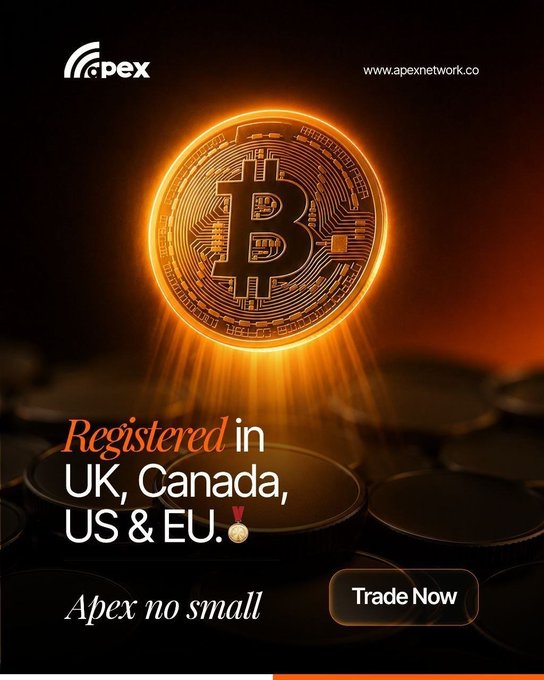 The image is an advertisement for **Apex (apexnetwork.co)** featuring a glowing golden Bitcoin on a dark background, with text highlighting that Apex is "Registered in UK, Canada, US & EU" alongside the tagline "Apex no small" and a "Trade Now" button. The ad visually reinforces the post's message about Apex's longevity and legitimacy in the digital asset space, using Bitcoin imagery to underscore its role as established crypto infrastructure rather than just another speculative token.