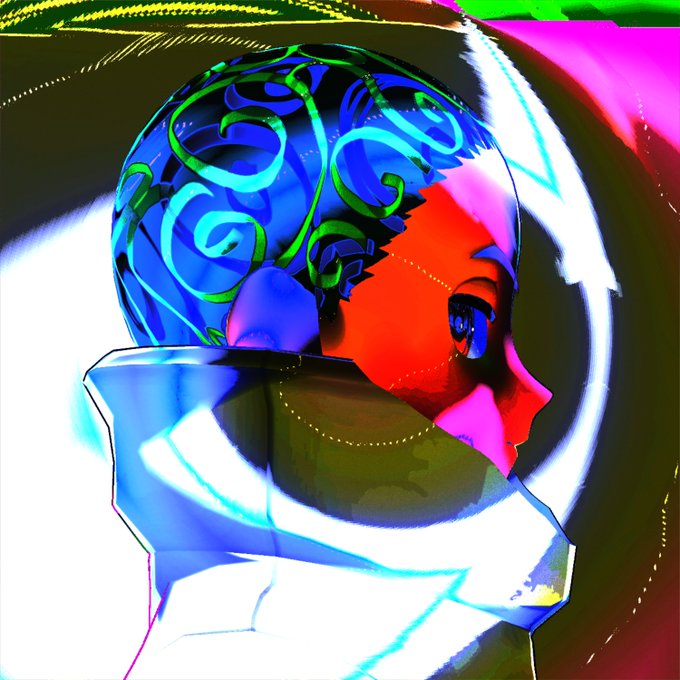 The image features a digital art piece of a cartoon character, Corrine, with blue hair and a green swirl pattern on her head. The character appears to be wearing a white shirt and has a face that looks like a human being. The background is black, which contrasts with the colorful elements in the foreground. The post mentions that this image was created by @alzenaworld and that it's part of the "Corrine Reloaded" phase 3 collection.