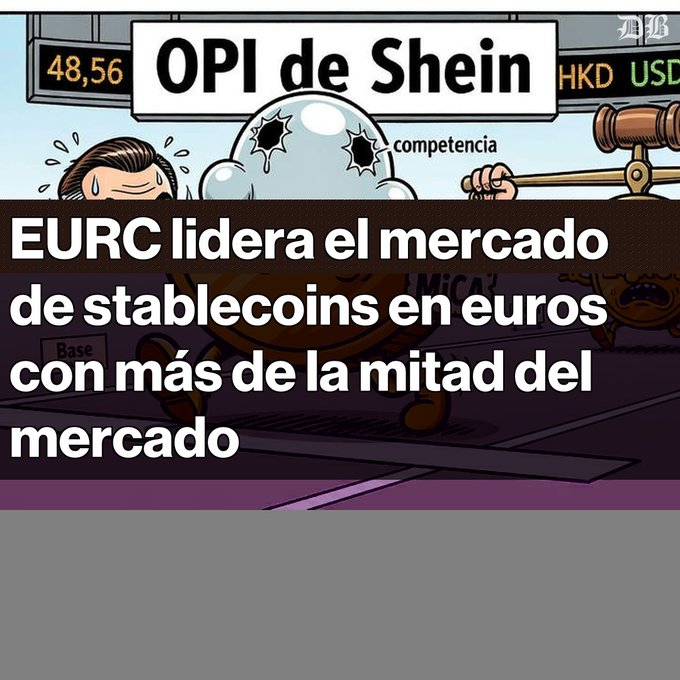 A cartoon illustration with the text 'OPI de Shein' and a headline 'EURC lidera el mercado de stablecoins en euros con más de la mitad del mercado', showing characters around a stock chart.