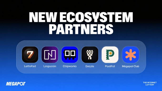 A promotional banner for MegaPot titled 'NEW ECOSYSTEM PARTNERS', displaying logos for LottoPad, Lingocoin, Chipworks, Dazzle, PoolPot, and Megapot Club against a dark blue background.