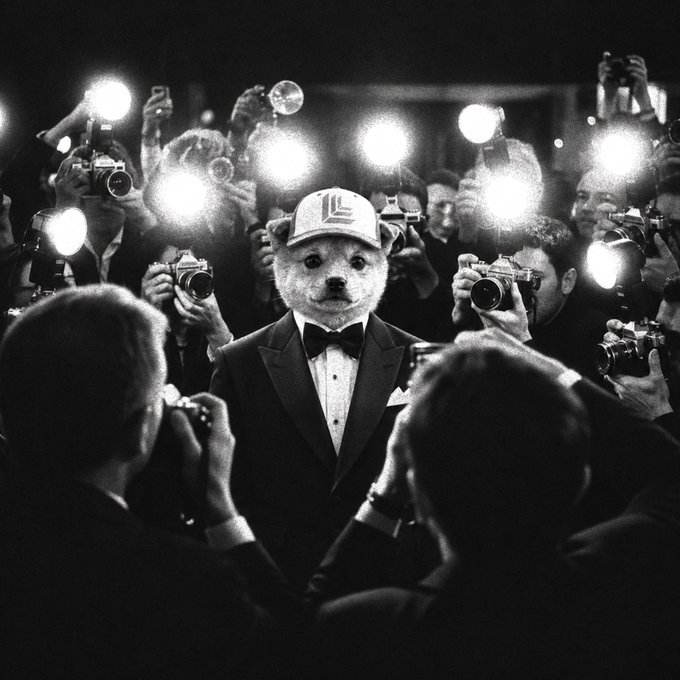 A distinguished dog wearing a "LE" cap, bowtie, and tuxedo stands surrounded by a swarm of photographers with flashing cameras in a black-and-white image, embodying the "Started as a sketch, became the vision" theme by depicting a once-imagined concept brought to glamorous, cinematic life.