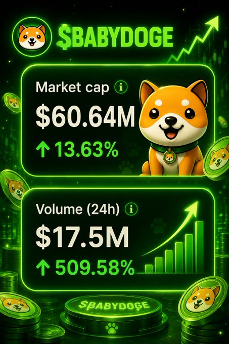 The image displays a neon green crypto stats dashboard for $BABYDOGE, showing a market cap of $60.64M (up 13.63%) and 24-hour trading volume of $17.5M (up 509.58%), reinforcing the post's claim that "$BABYDOGE season has arrived!" with strong upward momentum.