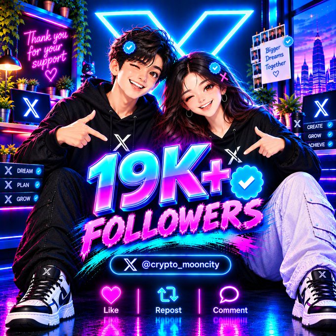 A vibrant neon-themed promotional graphic celebrating "19K+ FOLLOWERS" with an anime-style couple pointing at the milestone, featuring the X handle "@crypto_mooncity" and engagement buttons (Like, Repost, Comment), aligning with the post's call to action to help close the gap to 20K followers.