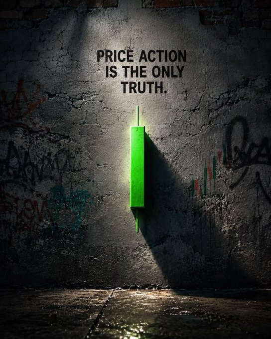 An atmospheric image showing a glowing green candlestick chart against a dark, graffiti-covered wall with the text 'PRICE ACTION IS THE ONLY TRUTH.'