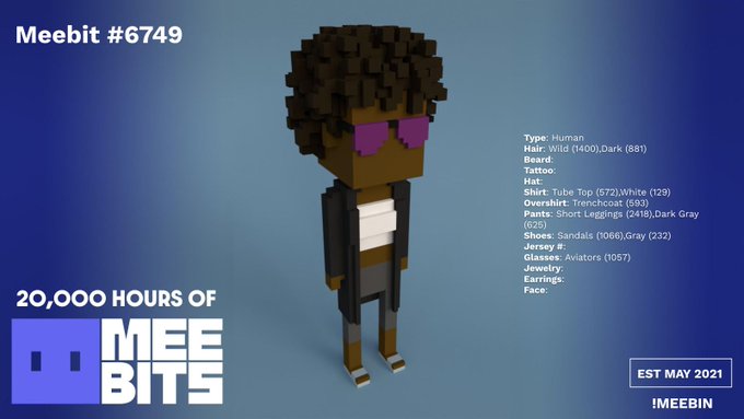 The image showcases Meebit #6749, a 3D voxel-style character with a wild dark mane and purple aviators, dressed in a white tube top, black trenchcoat, and sandals, displayed alongside its attributes like "Tube Top" and "Trenchcoat" with the "20,000 Hours of Meebits" and "EST MAY 2021" branding at the bottom.