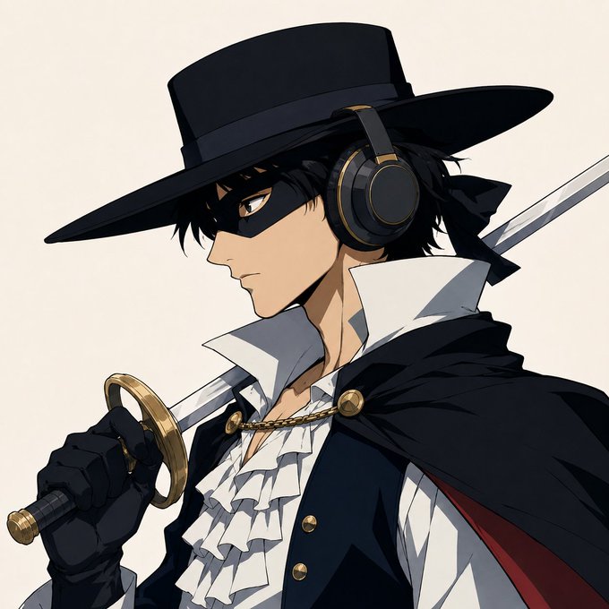 An anime-style illustration of a dark-haired character wearing a wide-brimmed black hat, a domino mask, headphones, and a cape, holding a sword over their shoulder.