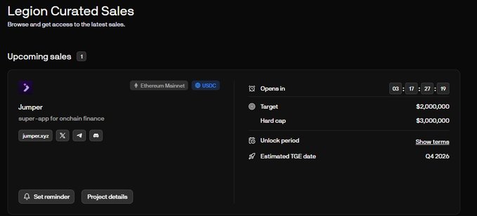Legion Curated Sales platform showing an upcoming sale for Jumper (super-app for onchain finance) on Ethereum Mainnet with USDC, targeting $2,000,000 with a $3,000,000 hard cap.
