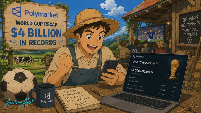 A cartoon farmer excitedly checks Polymarket on a laptop displaying the World Cup 2022 with a record $4,000,000,000+ total volume, while a billboard reads "Polymarket World Cup Recap: $4 Billion in Records" and a notebook lists his "25 Goals" and "6 Figure Anytime Profit," visually celebrating the post's claim that the World Cup became the largest prediction market event in history.