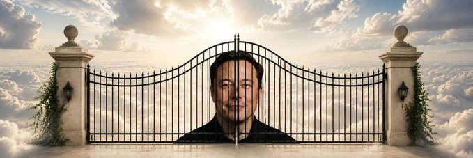 A man's face is depicted as the centerpiece of an ornate black gate set between stone pillars, with clouds and a sunlit sky in the background.