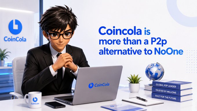 An anime-style man in a suit sits at a desk with a laptop, next to text reading 'CoinCola is more than a P2p alternative to NoOne' and the CoinCola logo, with badges stating 'GLOBAL P2P LEADER', 'TRUSTED BY MILLIONS', and 'BUILT FOR THE FUTURE'.