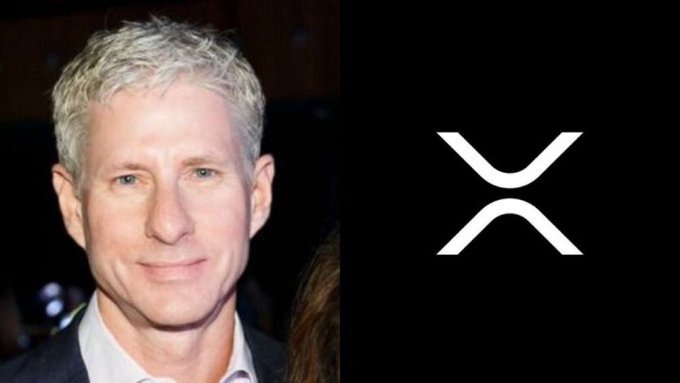 A side-by-side image showing Chris Larsen on the left next to the XRP cryptocurrency logo on the right, illustrating his connection to the digital asset he co-created and his bullish stance on its price.
