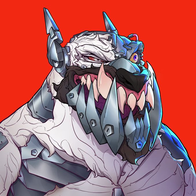 The image features a detailed illustration of a monster with a white body and black horns, wearing a silver suit that includes a helmet and a sword. The monster has its mouth open wide, revealing sharp teeth. The background is red, which contrasts with the white color of the monster's body and highlights it. There are no texts or other objects in the image, making it a standalone illustration focused on the monster itself.